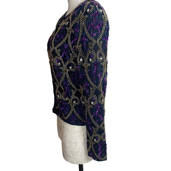 Laurence Kazar Vintage Womens Jacket Size Small Black Sequin Beaded Pure Silk - Picture 3 of 8